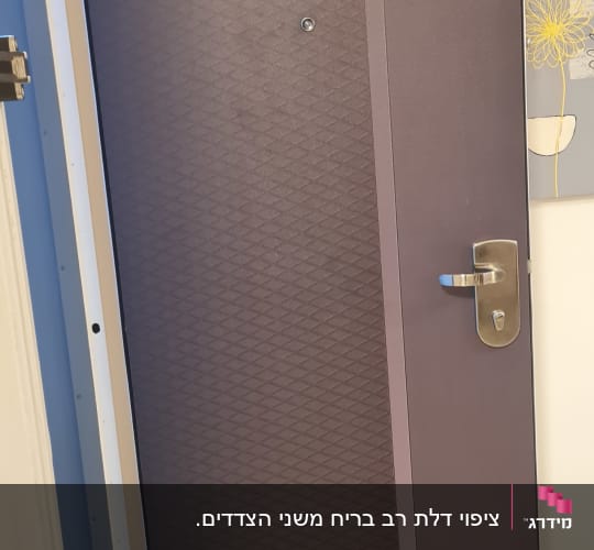 דלת חומה עם ידית מתכת ועיטור גיאומטרי